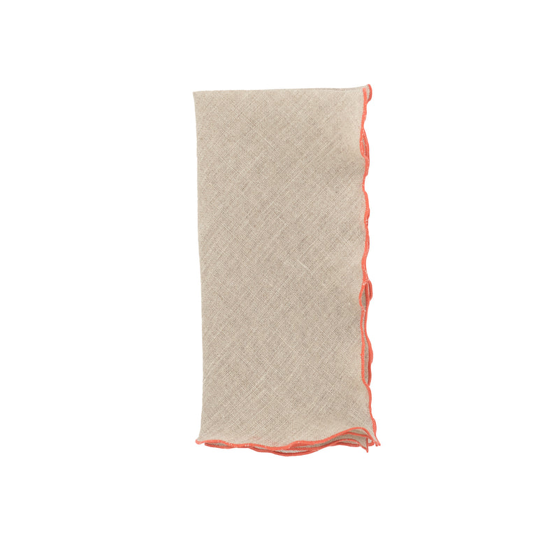 Khaki Linen Napkins With Orange Ruffled Edges, Set Of 4