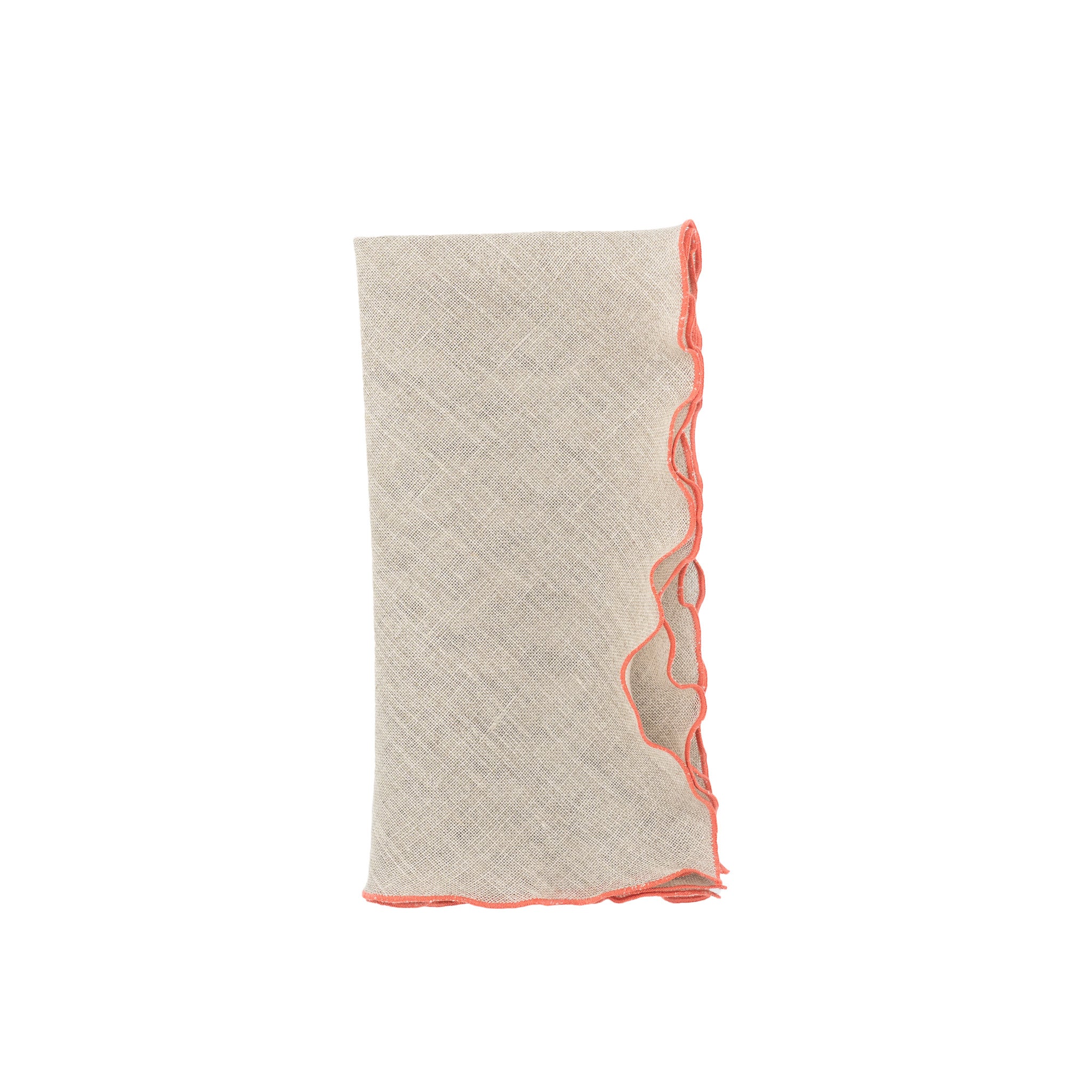 Elegant khaki linen napkins with orange ruffled edges, handmade for long-lasting style and durability.