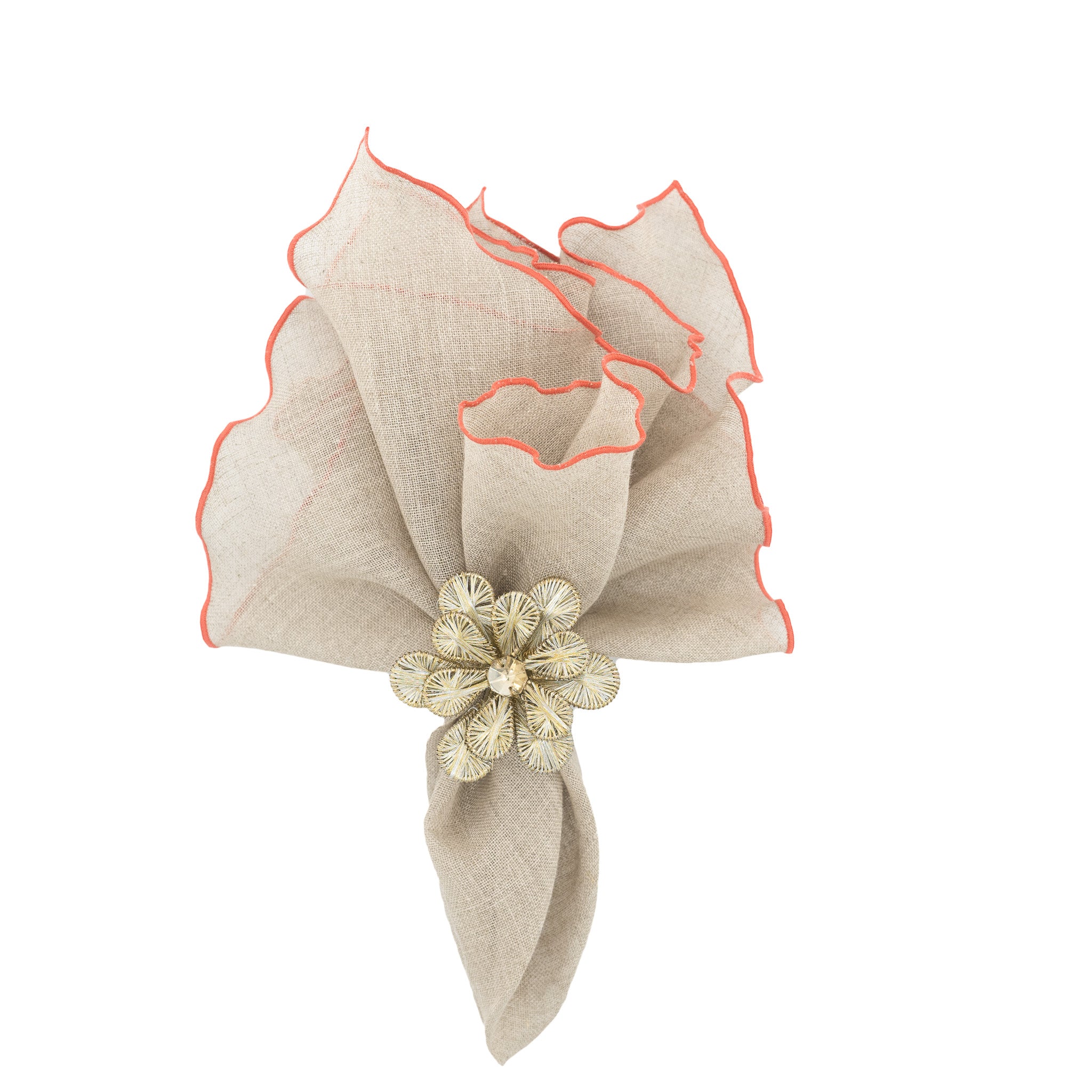 Luxurious khaki linen napkins with bold orange ruffled trim, designed to enhance your table decor.