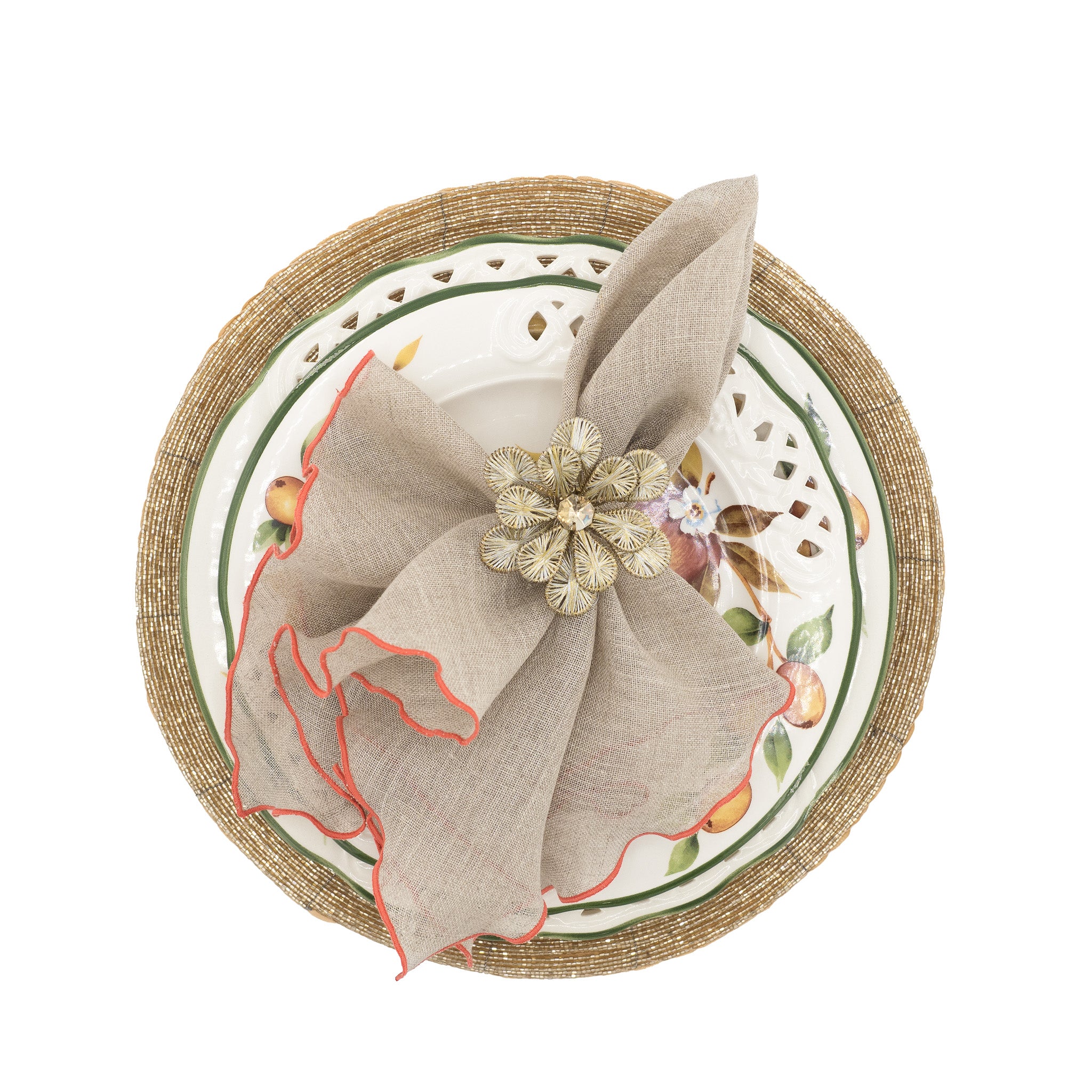 Khaki linen napkins with orange ruffled edges, crafted to bring a sophisticated yet colorful touch to any event.