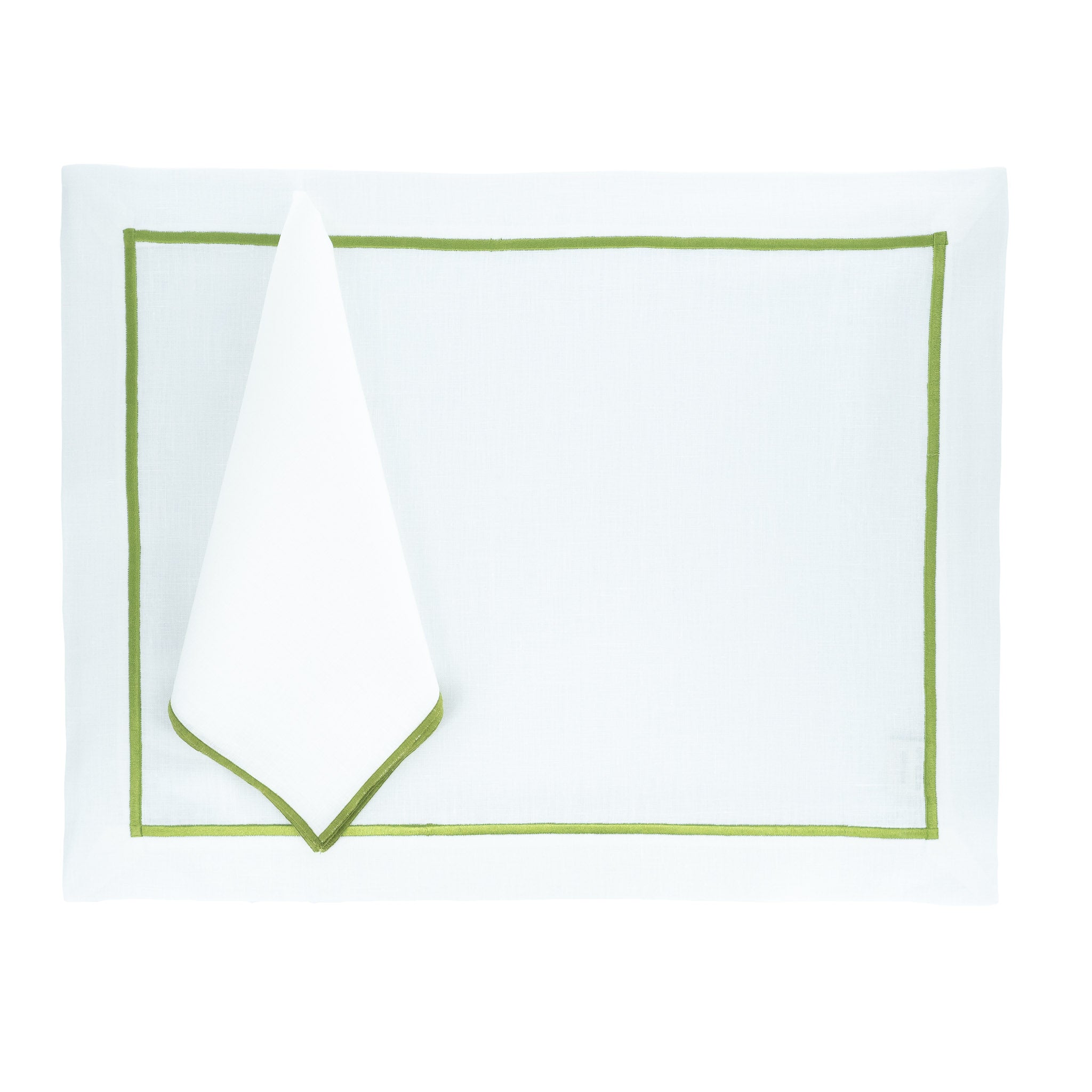 Handmade linen placemats with green stitched borders, set of 4, perfect for adding an elegant touch to your dining table.