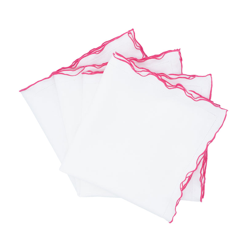 Linen Napkins With Pink Ruffled Hemstitch Edges, Set of 4