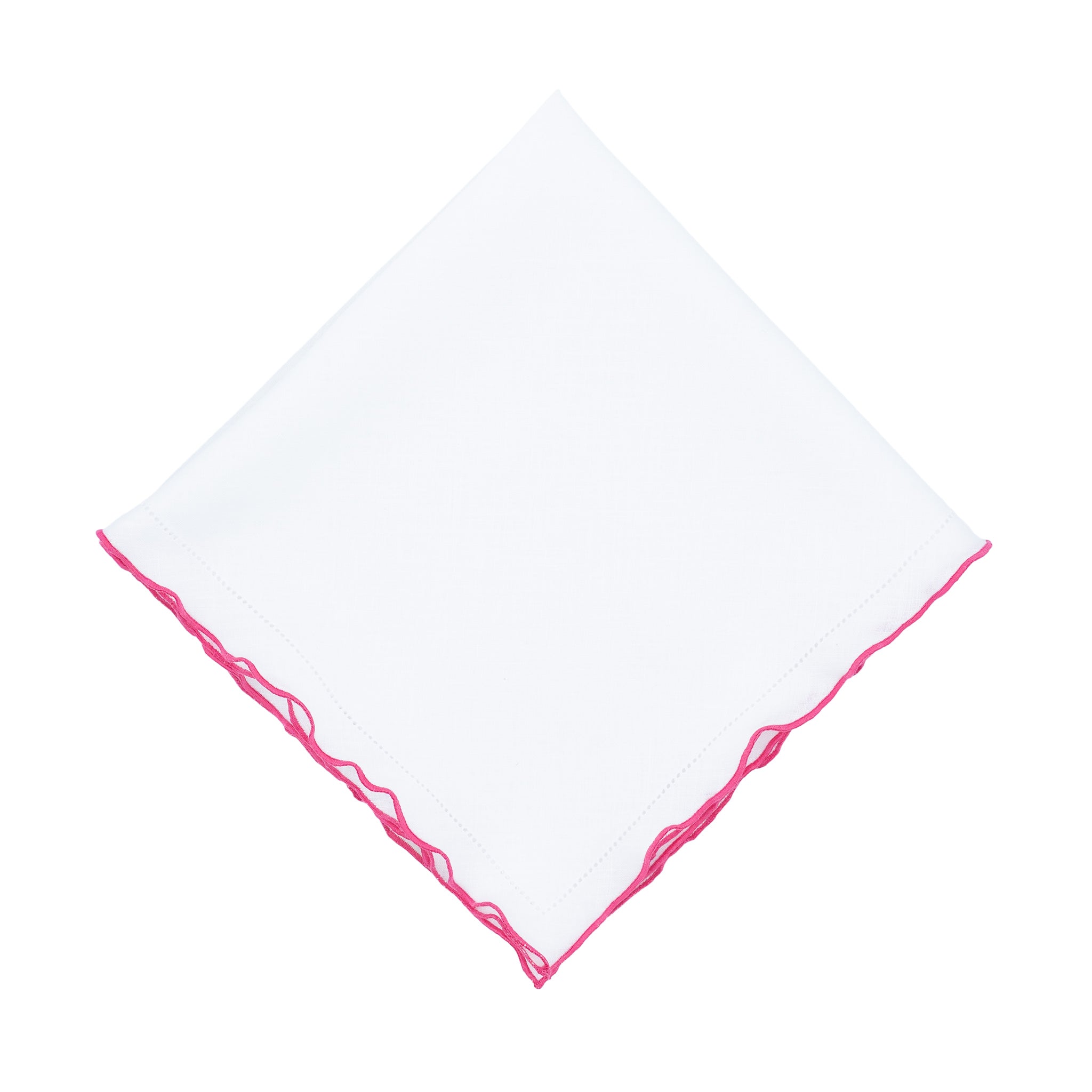 Luxurious white linen napkins with pink ruffled hemstitching, designed to enhance your dining experience.
