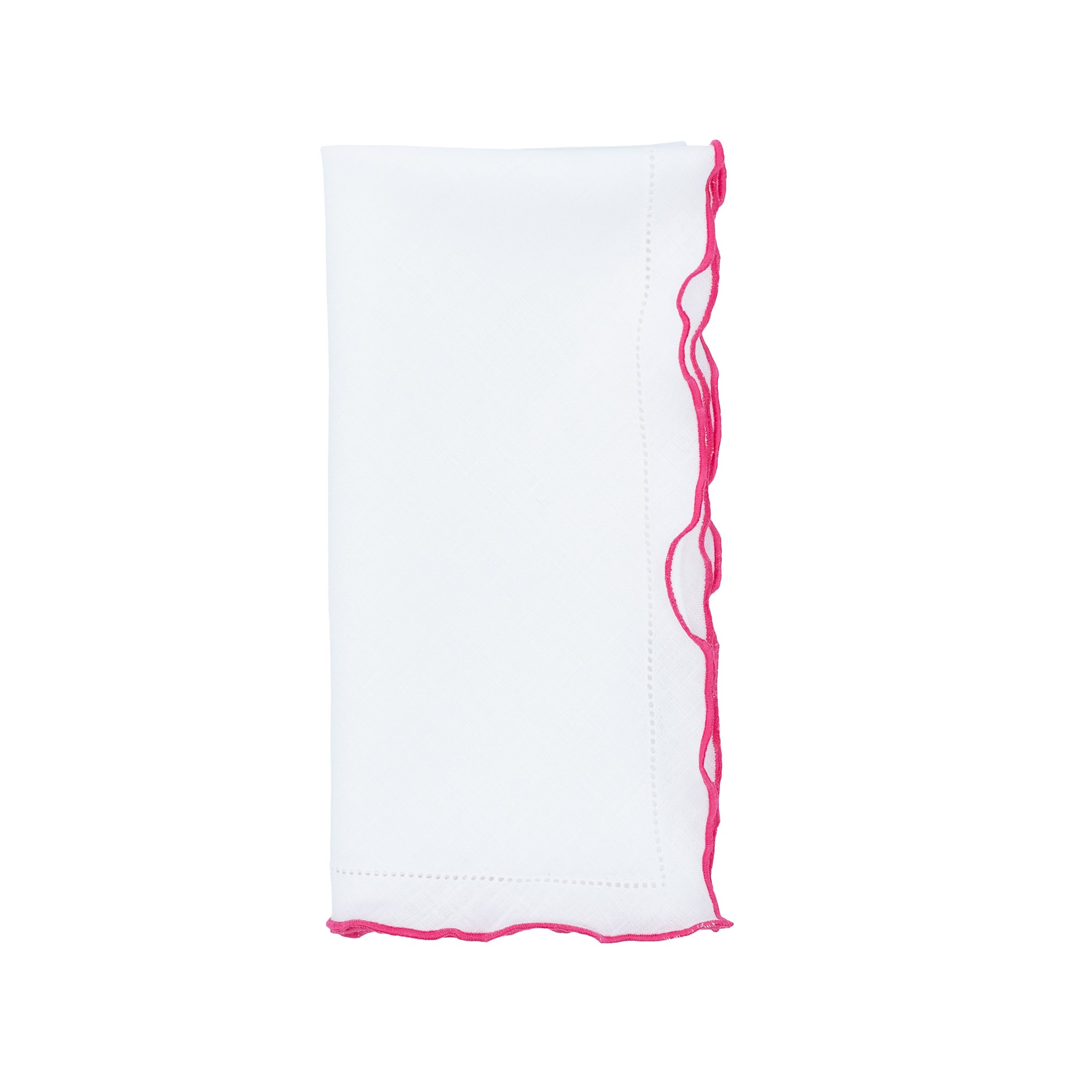 Set of 4 white linen napkins, 21x21 inches, with pink ruffled hemstitch edges for a stylish dining experience.