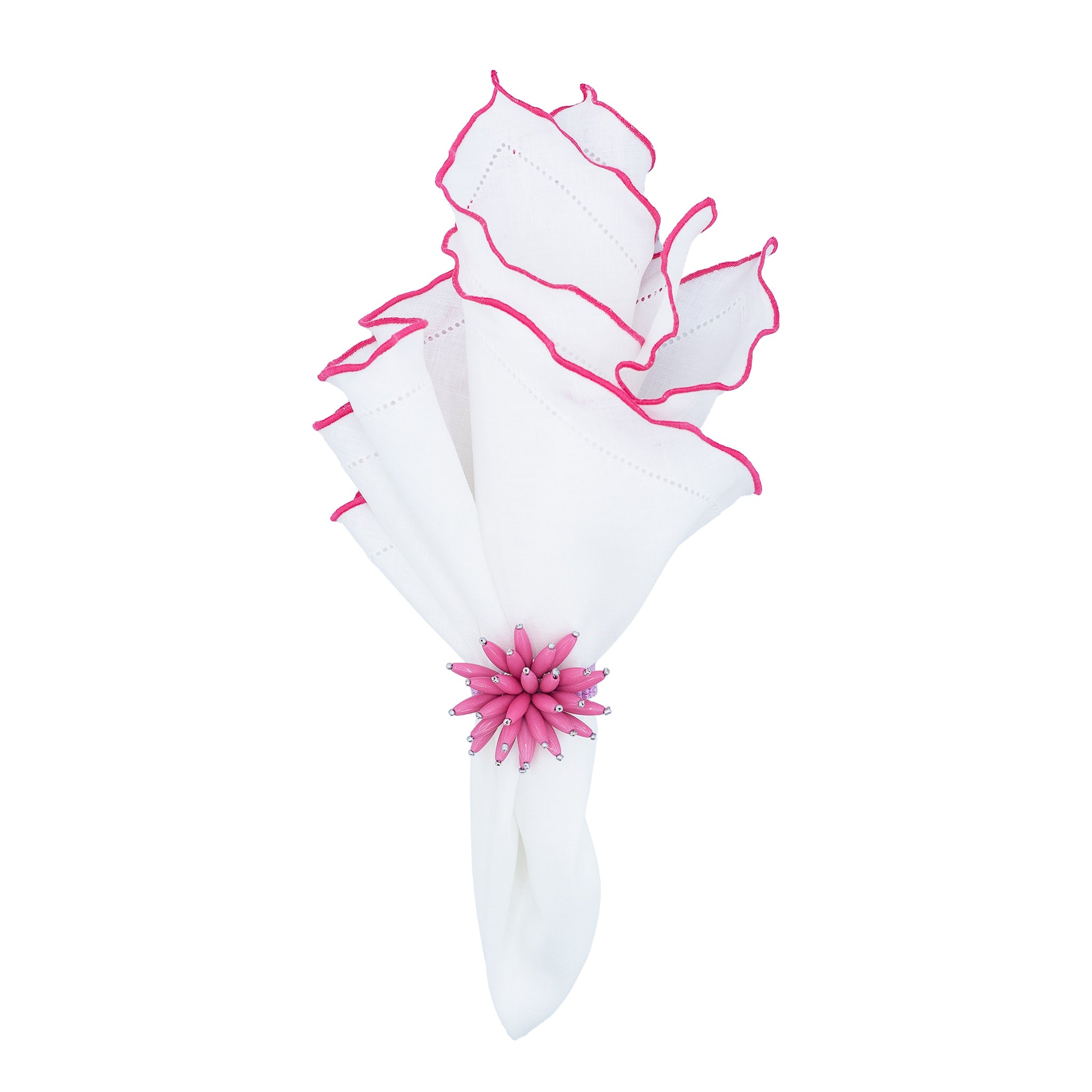 Premium white linen napkins featuring elegant pink ruffled hemstitch edges, ideal for adding a soft touch to your table decor.