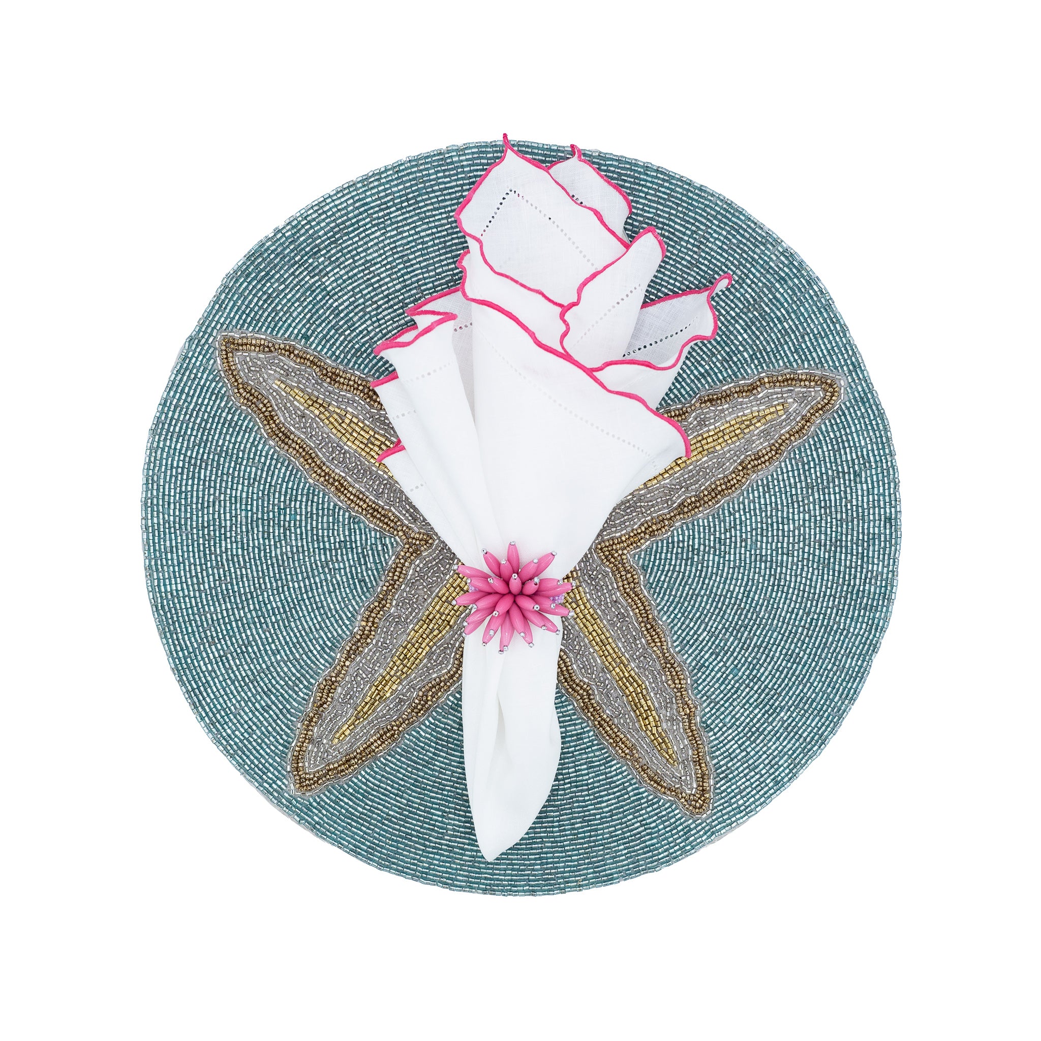 Elegant white linen napkins with pink ruffled hemstitch detailing, handmade for lasting quality and charm.