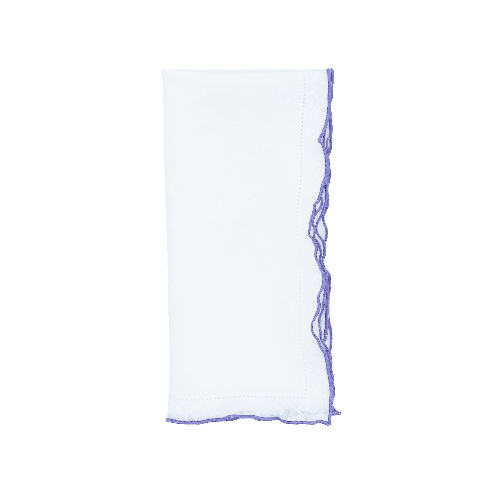 Elegant white linen napkins with purple ruffled hemstitch detailing, handmade for lasting quality and charm.