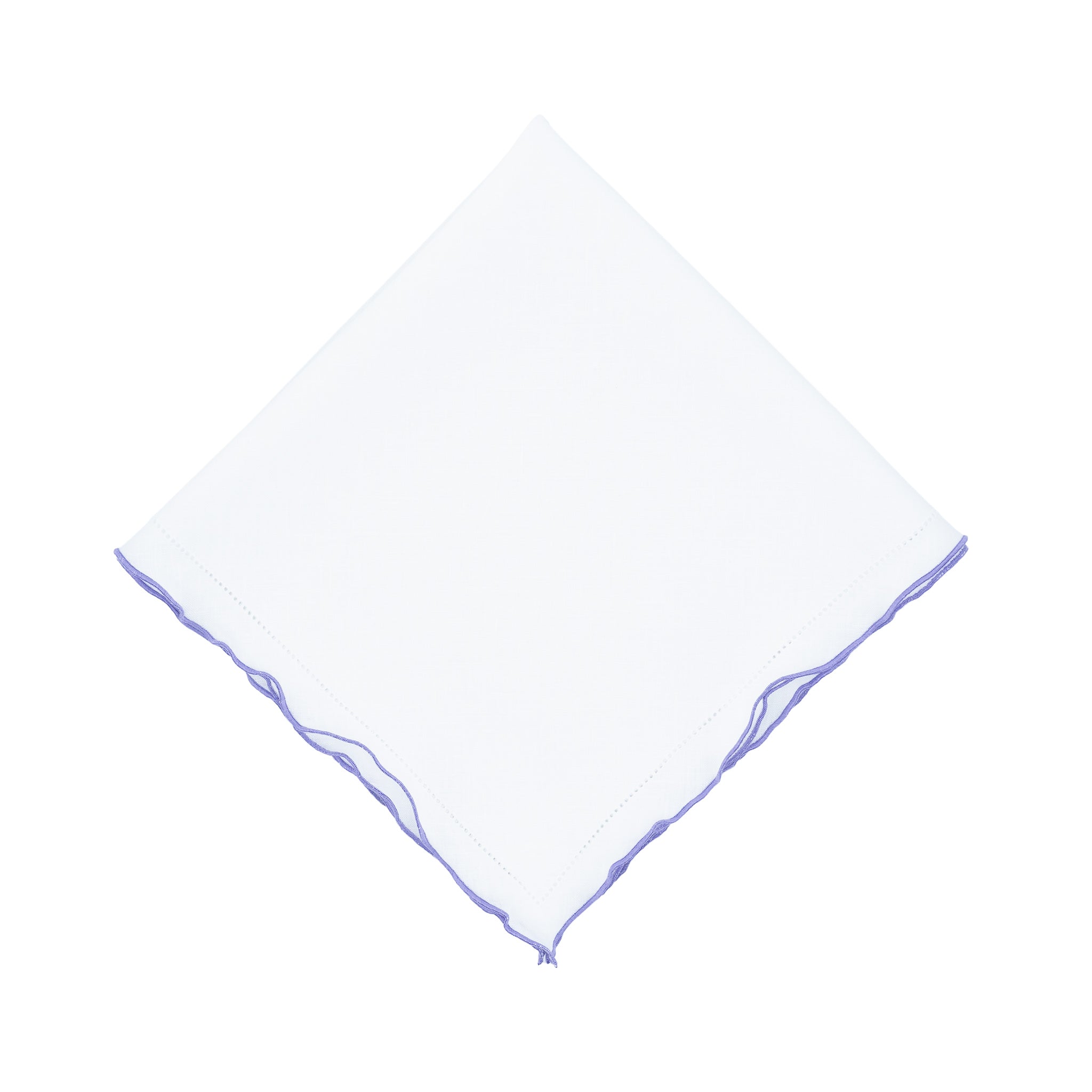 Premium white linen napkins featuring elegant purple ruffled hemstitch edges, perfect for adding a sophisticated touch to your table decor.