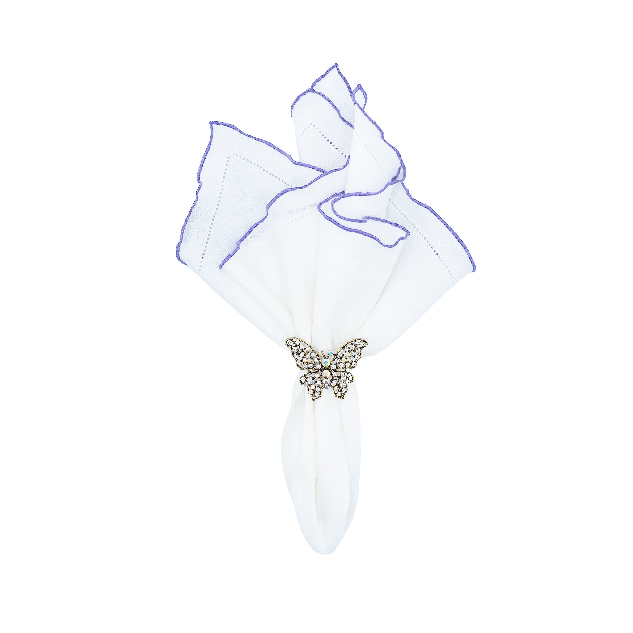 Set of 4 white linen napkins, 21x21 inches, with purple ruffled hemstitch edges for a stylish dining experience.