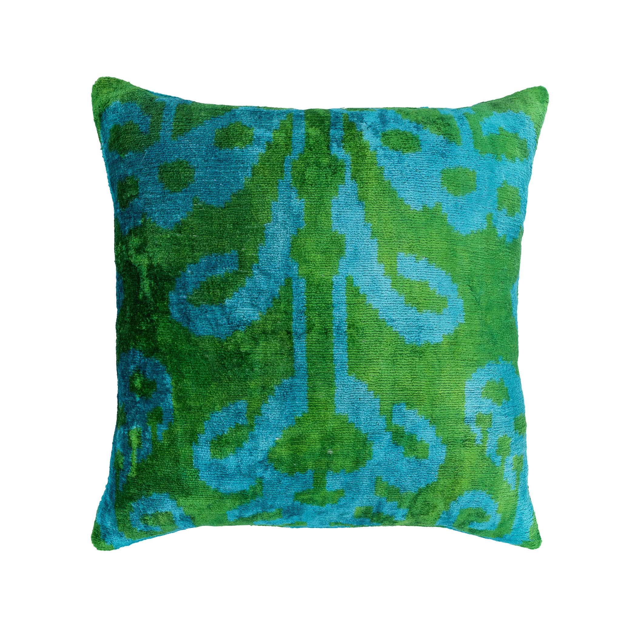 Lotus Silk Velvet Ikat Pillow, 20" x 20", featuring vibrant green and blue patterns inspired by traditional Ikat designs.
