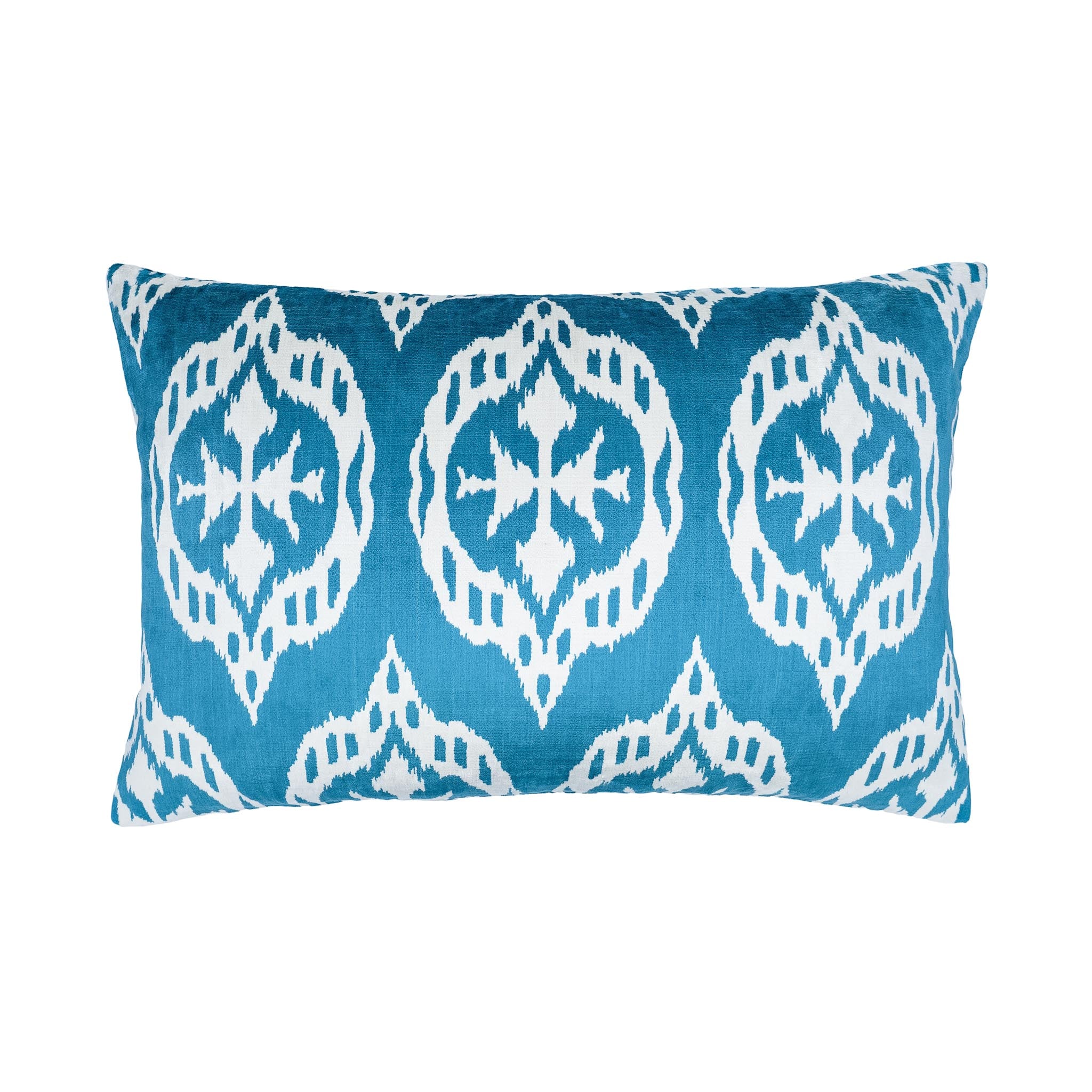 Mood Blue Silk Velvet Ikat Pillow, 16" X 24"