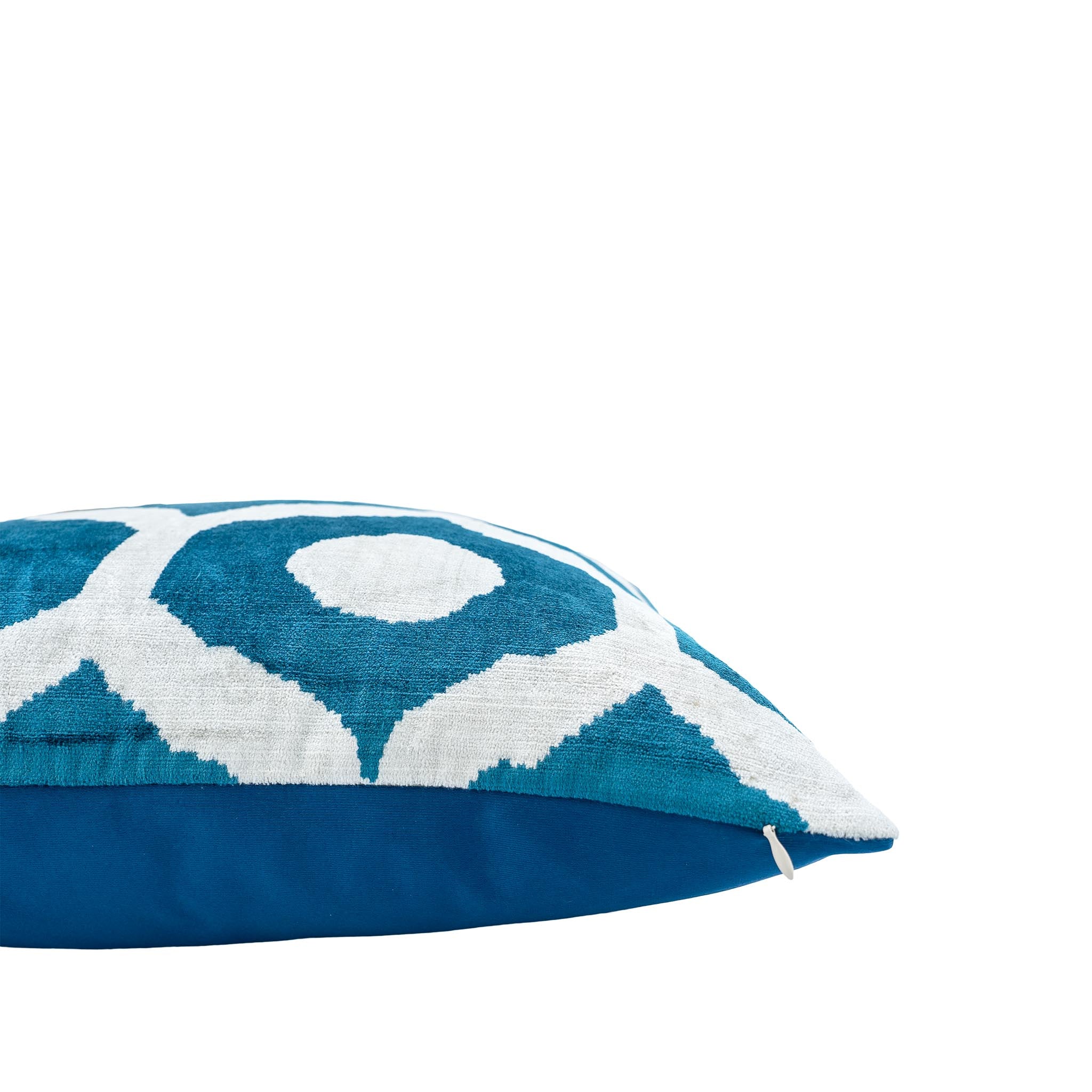 Pure silk velvet ikat pillow with a modern geometric pattern in vibrant blue and white tones.