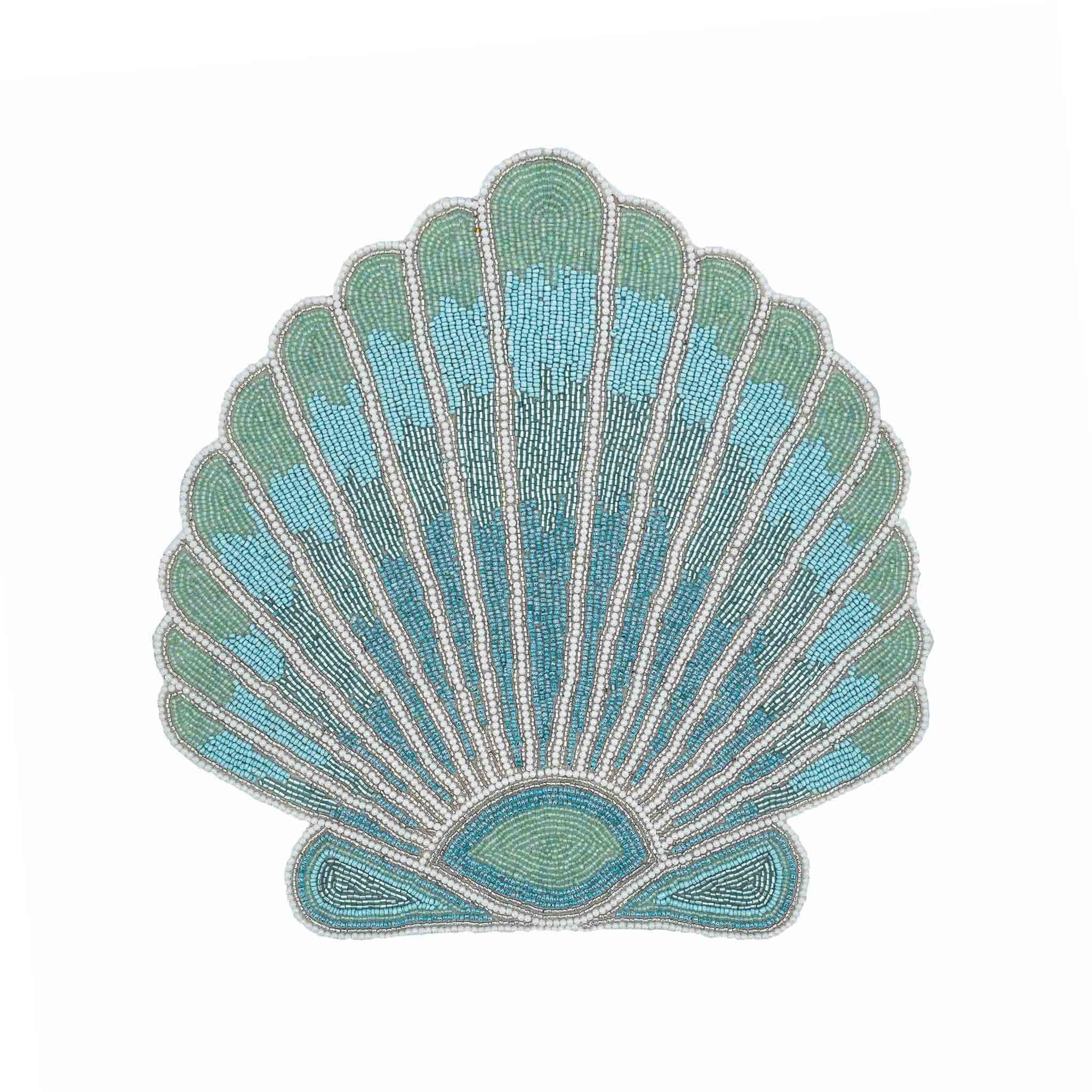 Set of 2 handmade Sea Shell placemats adorned with white, turquoise, green, and red glass beads for a luxurious tabletop accent.