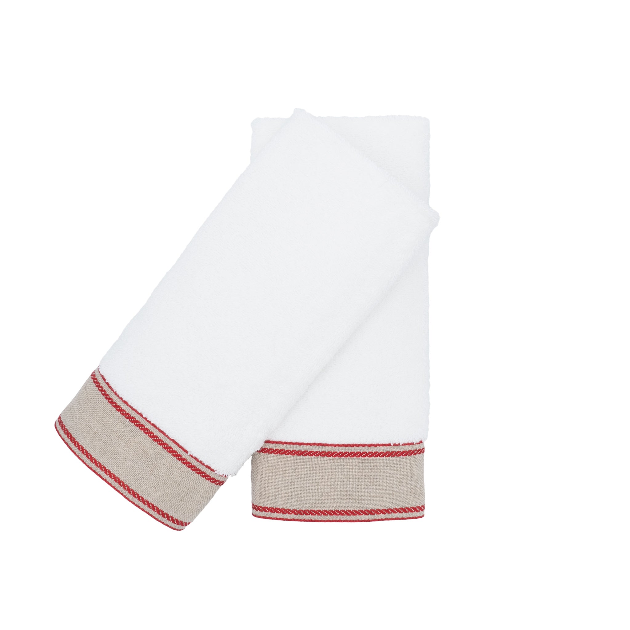 White Turkish cotton guest towels with red chain borders, set of 2.
