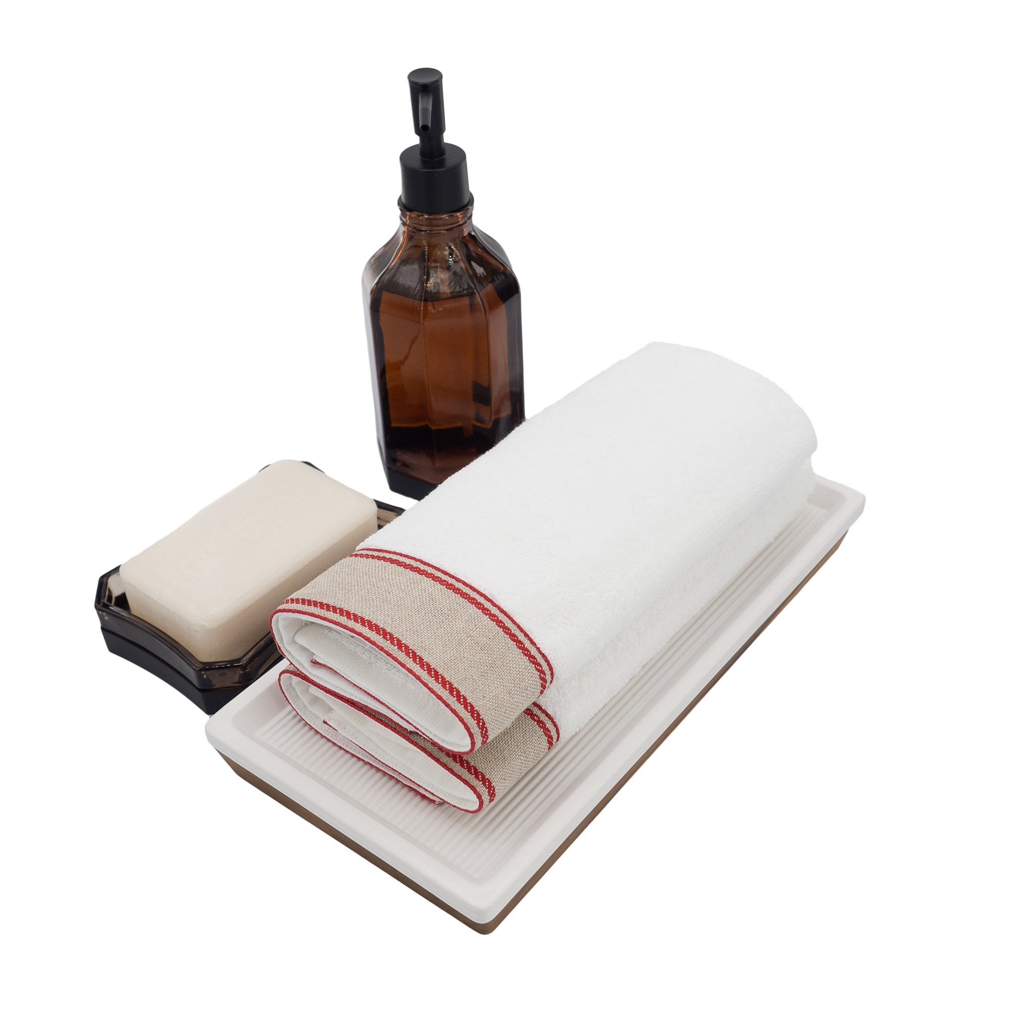Set of bath products including a bottle, soap, and towels on a white background