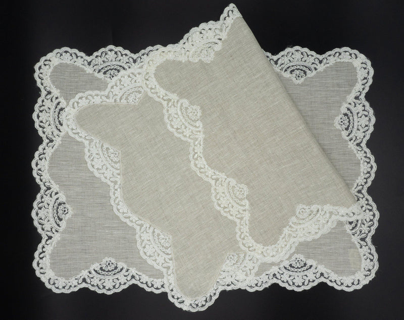 Linen Placemats With Lace borders In Beige, 16'' X 22'' (40 X 55 cm) Sets of 2 or 4 - Chouchou Touch