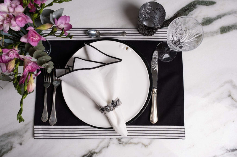 Placemats In Black With Top & Bottom Stripes, 15"x 20" (40x50 cm) Sets of 2 or 4 - Chouchou Touch