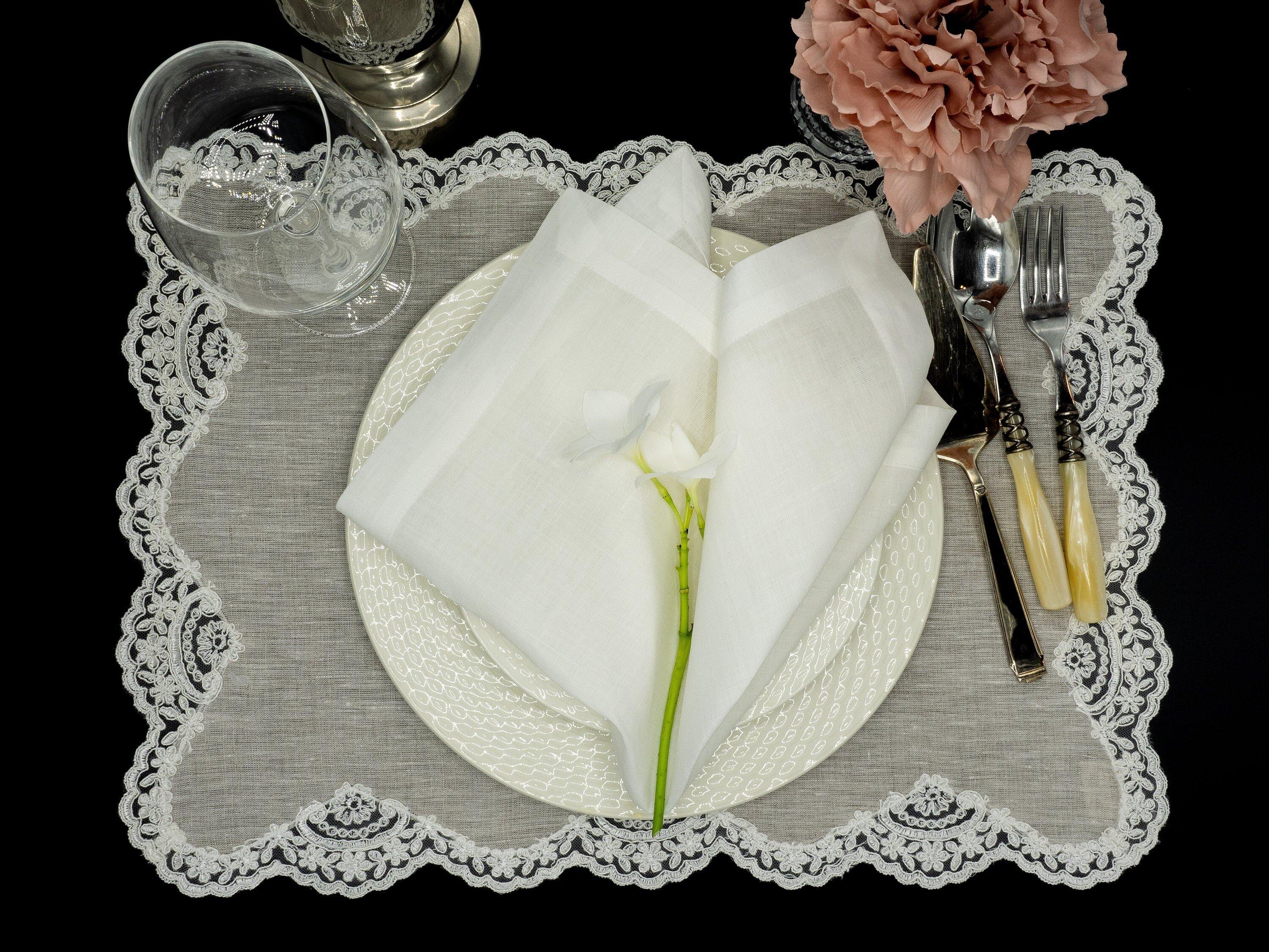 Linen Placemats With Lace borders In Beige, 16'' X 22'' (40 X 55 cm) Sets of 2 or 4 - Chouchou Touch