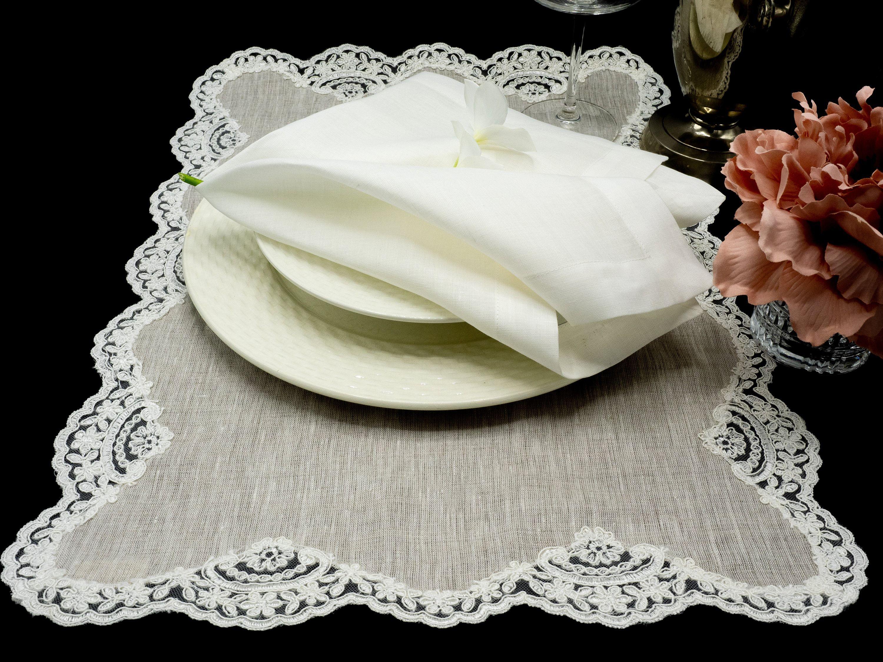 Linen Placemats With Lace borders In Beige, 16'' X 22'' (40 X 55 cm) Sets of 2 or 4 - Chouchou Touch