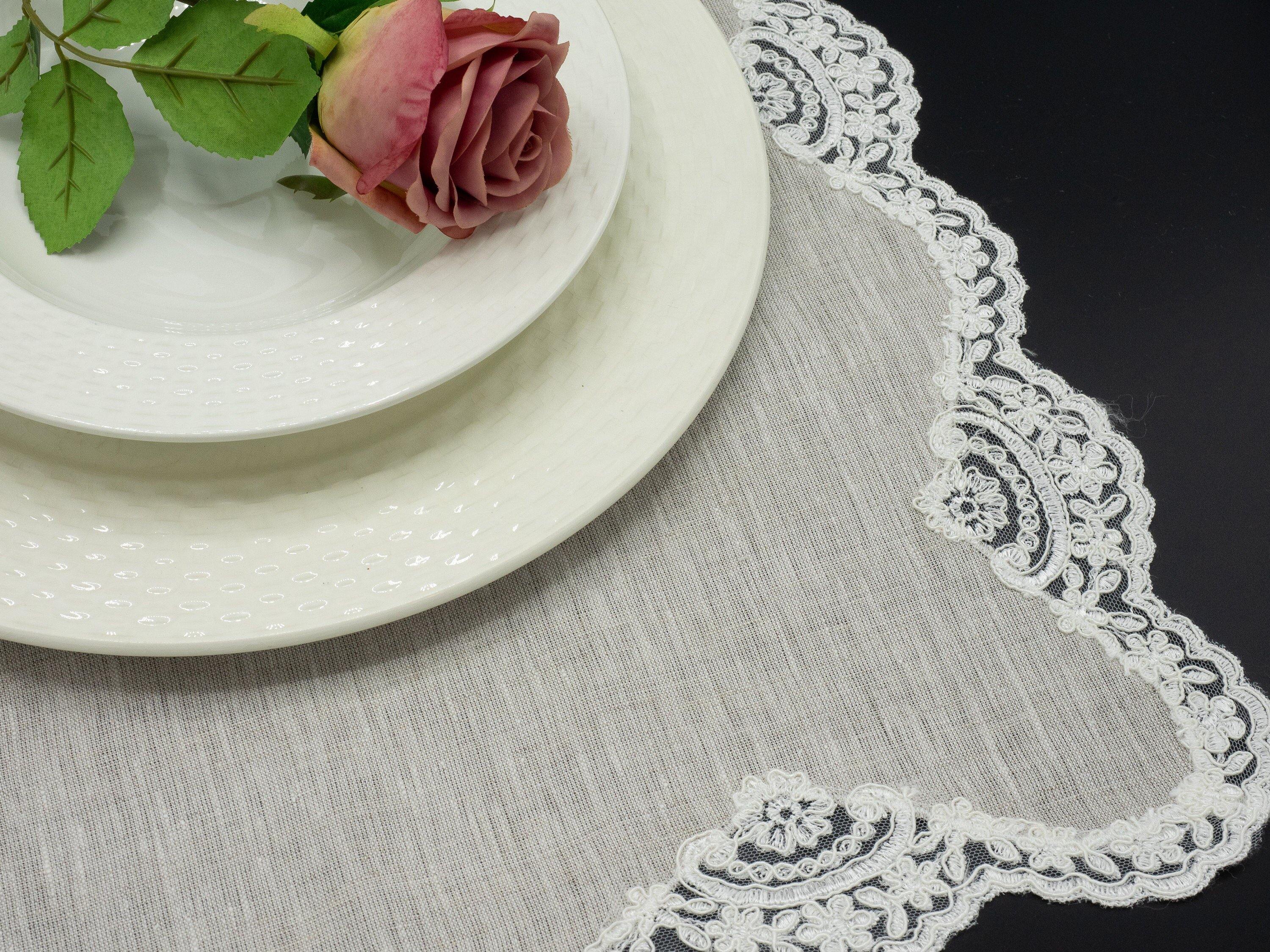 Linen Placemats With Lace borders In Beige, 16'' X 22'' (40 X 55 cm) Sets of 2 or 4 - Chouchou Touch