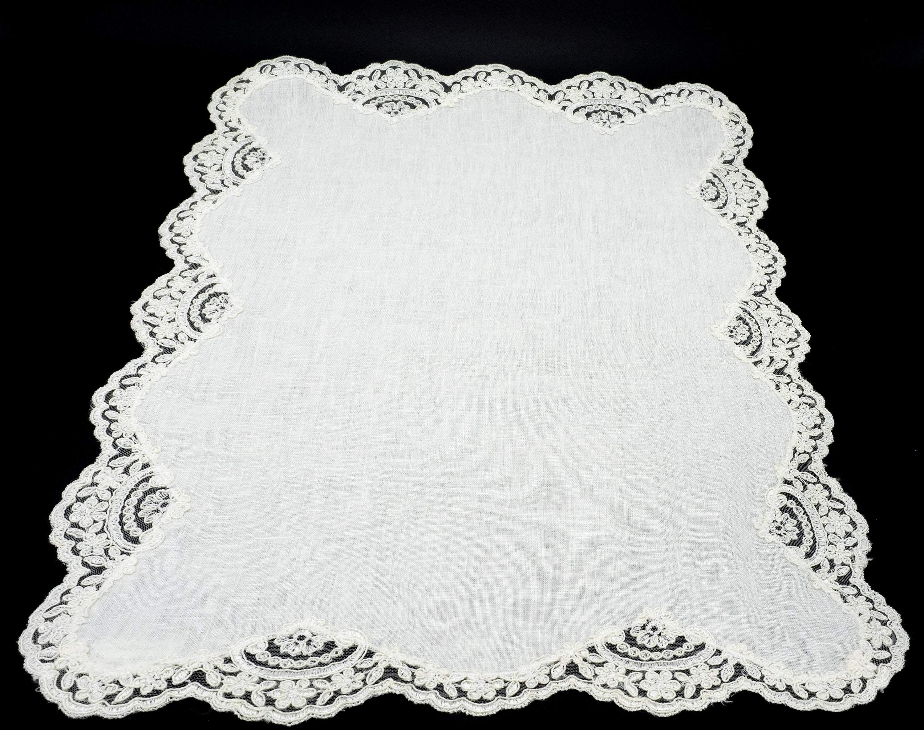 Handcrafted white linen placemats with lace borders, set of 4, made from 100% premium linen for lasting durability and style.