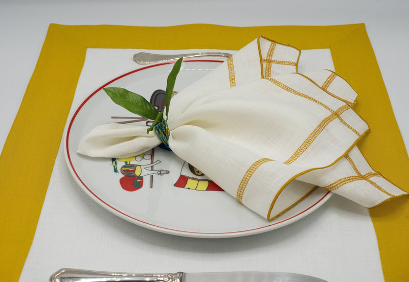 Linen Placemats With Mustard Borders 15''X 20'' (40x50 cm) Set of 2 or 4 - Chouchou Touch