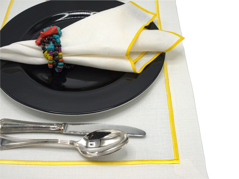 Linen Placemats With Yellow Borders 15''X 20'' (40x50 cm) Set of 2 or 4 - Chouchou Touch