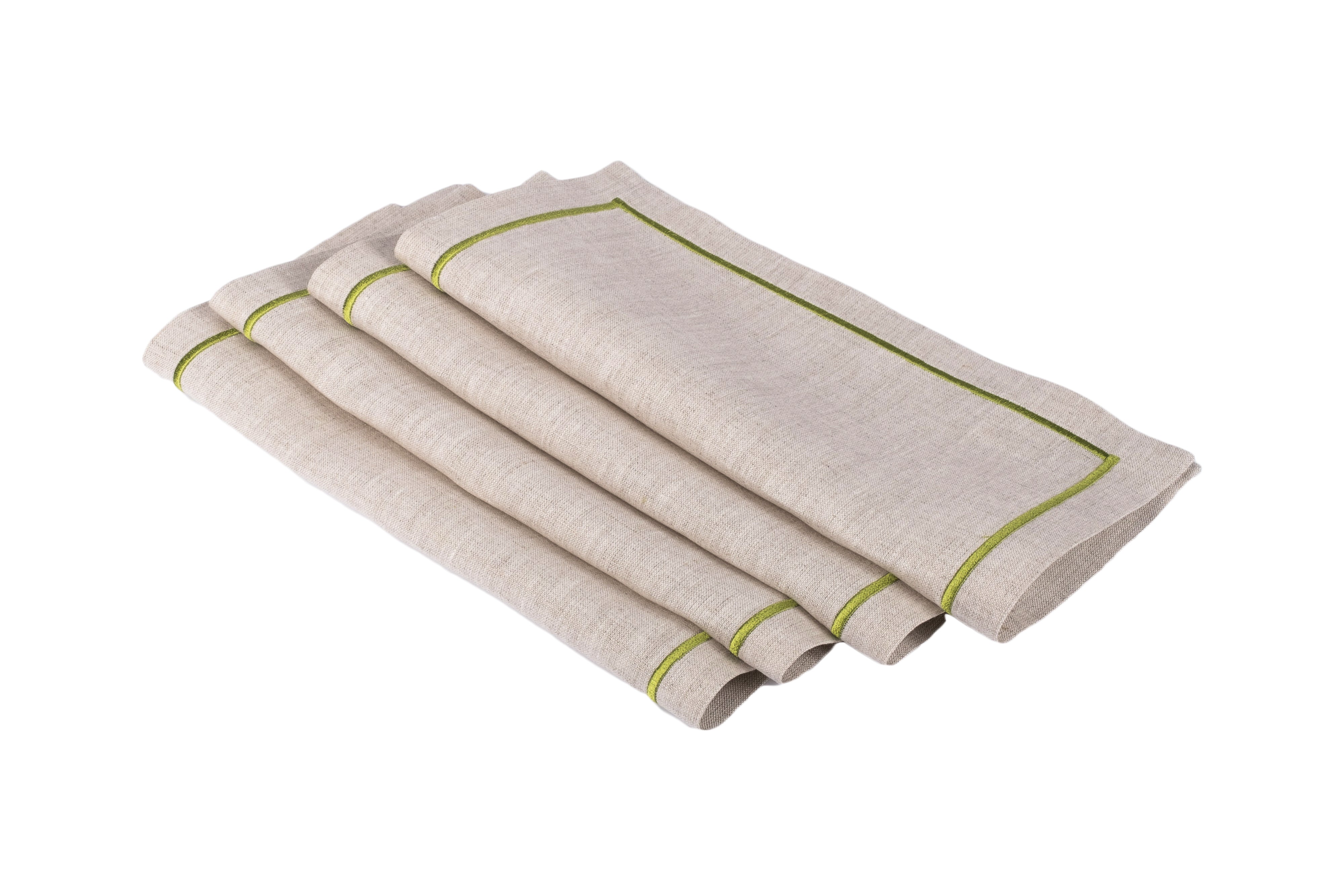 Handmade 100% linen cocktail napkins with green embroidery borders, perfect for formal dinners and casual gatherings.